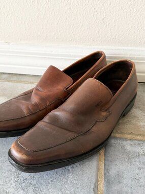 Hugo Boss Brown Leather Loafers Mens 9 Slip On Square Toe Dress Shoes